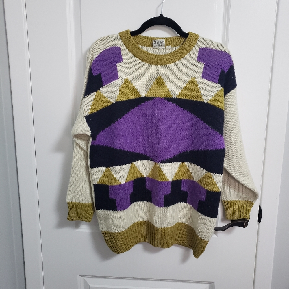 VINTAGE Mustard Purple Geometric Sweater